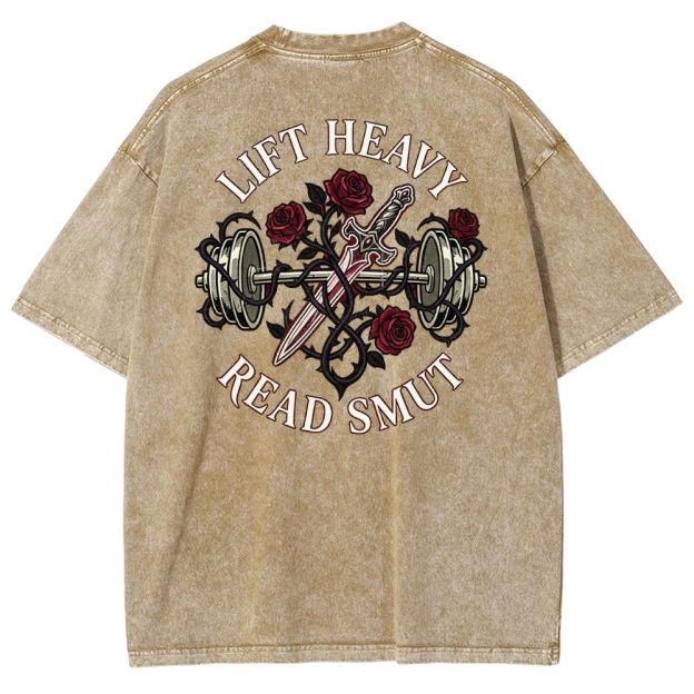 Vintage Washed Back‑Print Barbell Rose Sword Graphic Washed T-Shirt