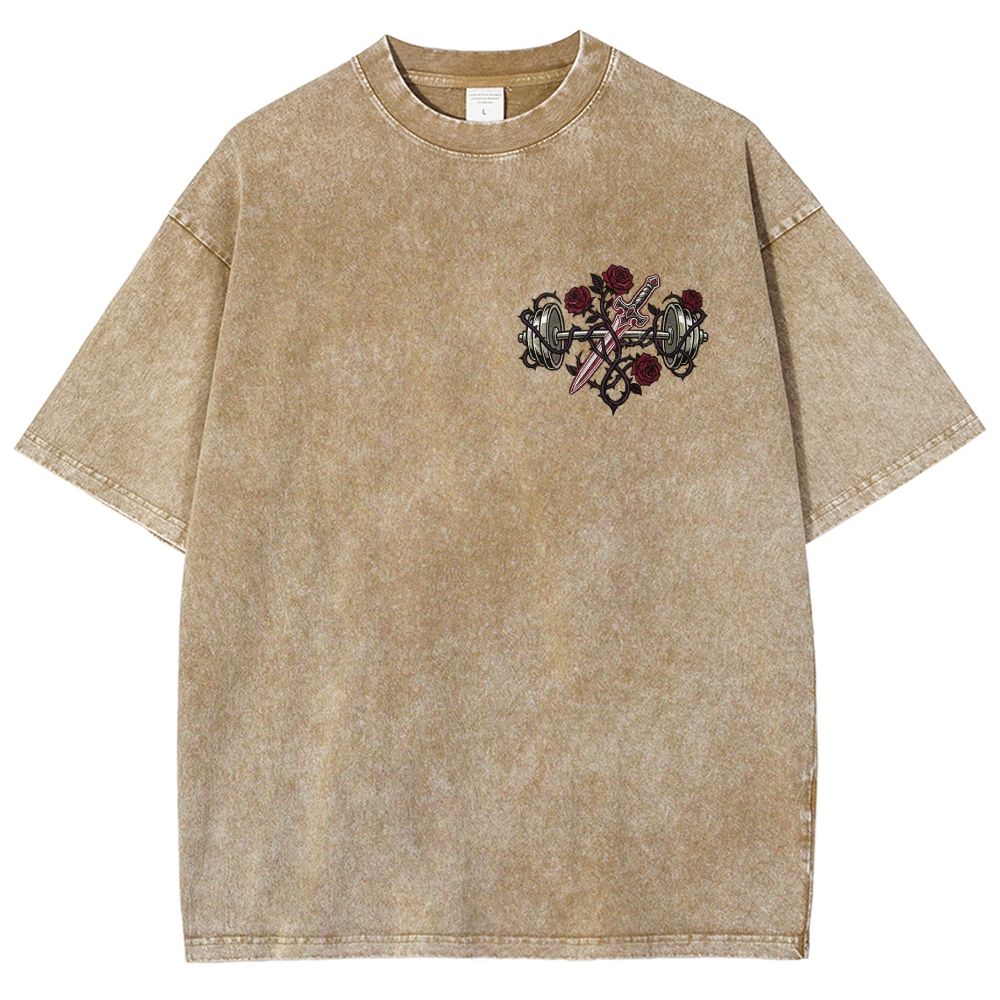 Vintage Washed Back‑Print Barbell Rose Sword Graphic Washed T-Shirt
