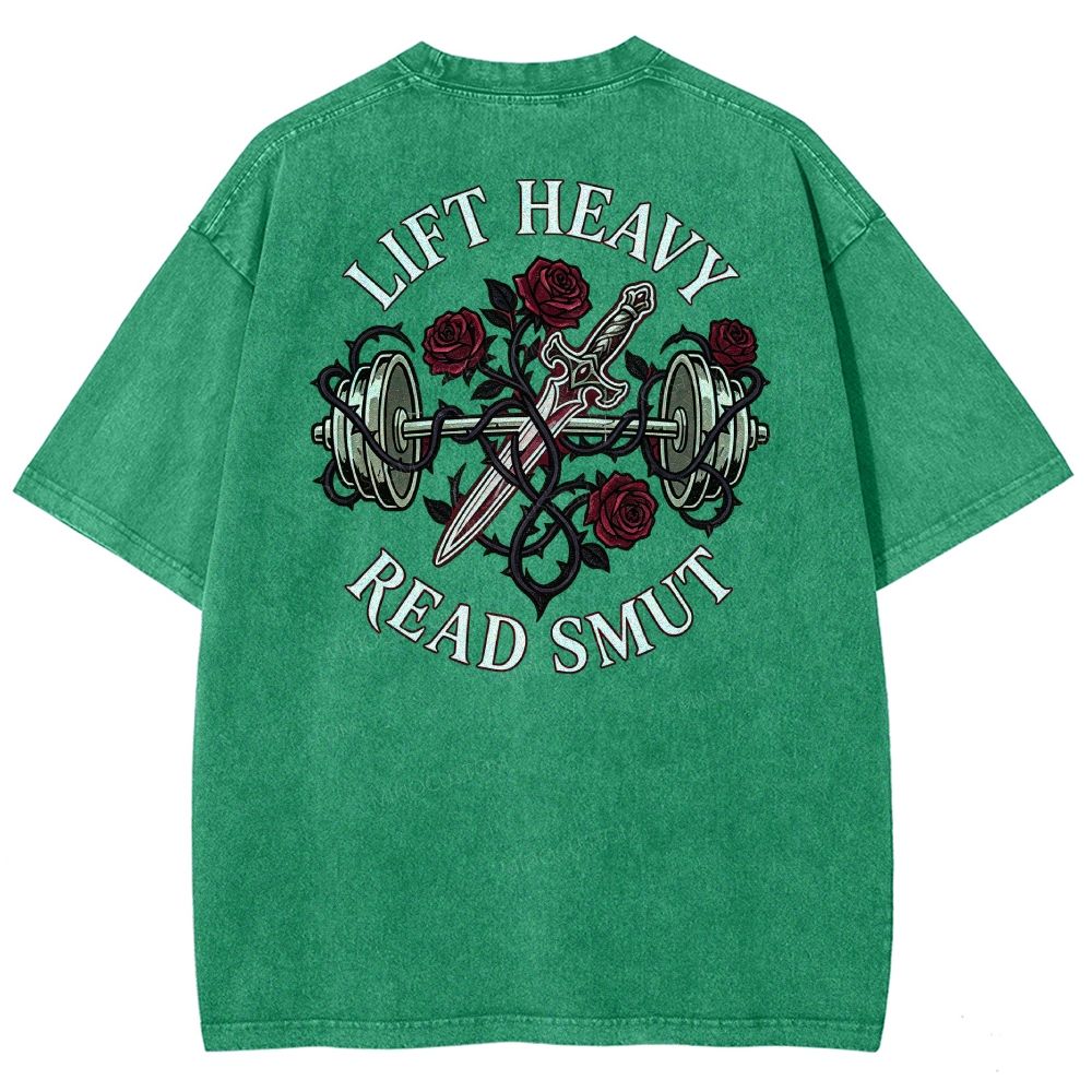 Vintage Washed Back‑Print Barbell Rose Sword Graphic Washed T-Shirt