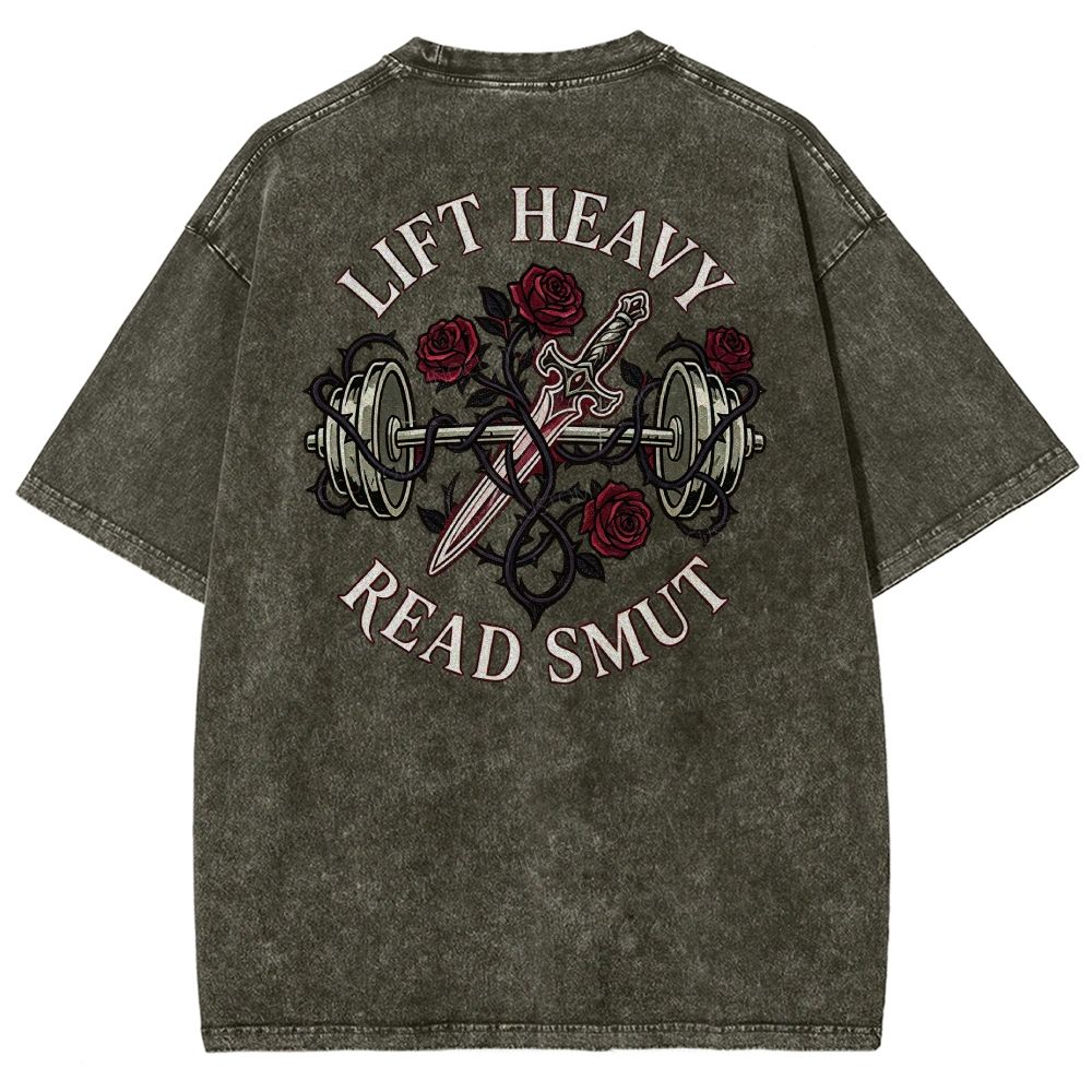 Vintage Washed Back‑Print Barbell Rose Sword Graphic Washed T-Shirt