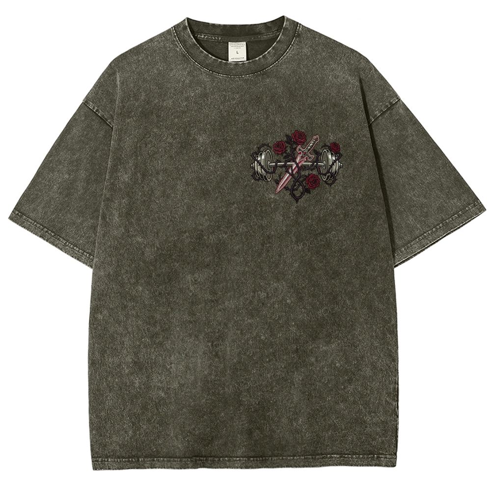 Vintage Washed Back‑Print Barbell Rose Sword Graphic Washed T-Shirt