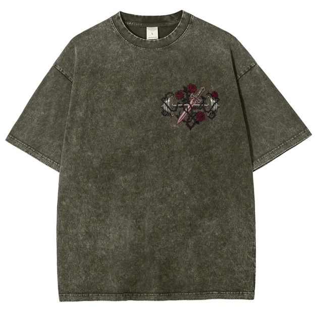 Vintage Washed Back‑Print Barbell Rose Sword Graphic Washed T-Shirt