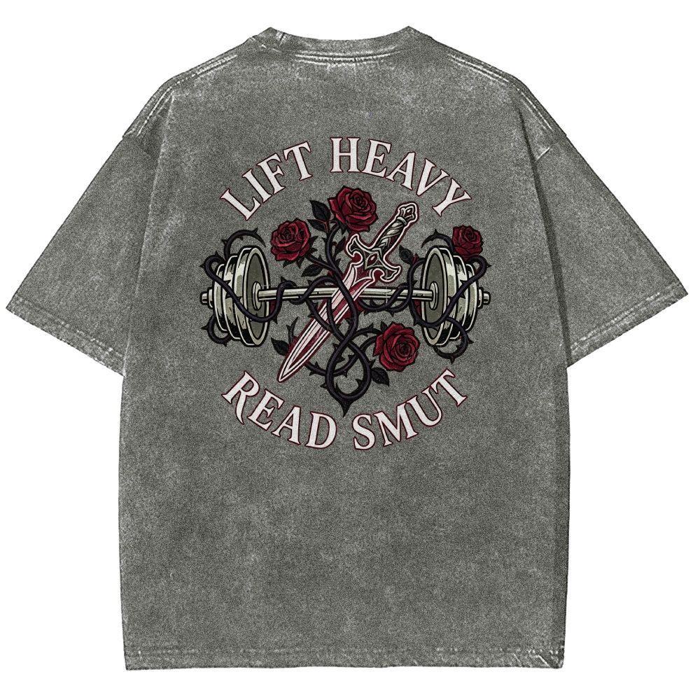 Vintage Washed Back‑Print Barbell Rose Sword Graphic Washed T-Shirt