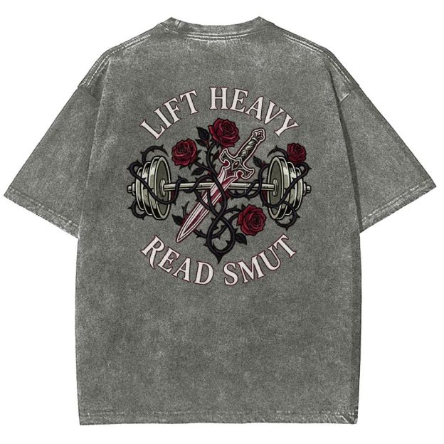 Vintage Washed Back‑Print Barbell Rose Sword Graphic Washed T-Shirt