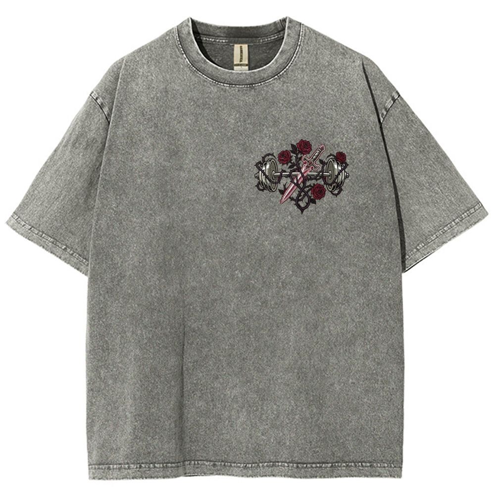 Vintage Washed Back‑Print Barbell Rose Sword Graphic Washed T-Shirt