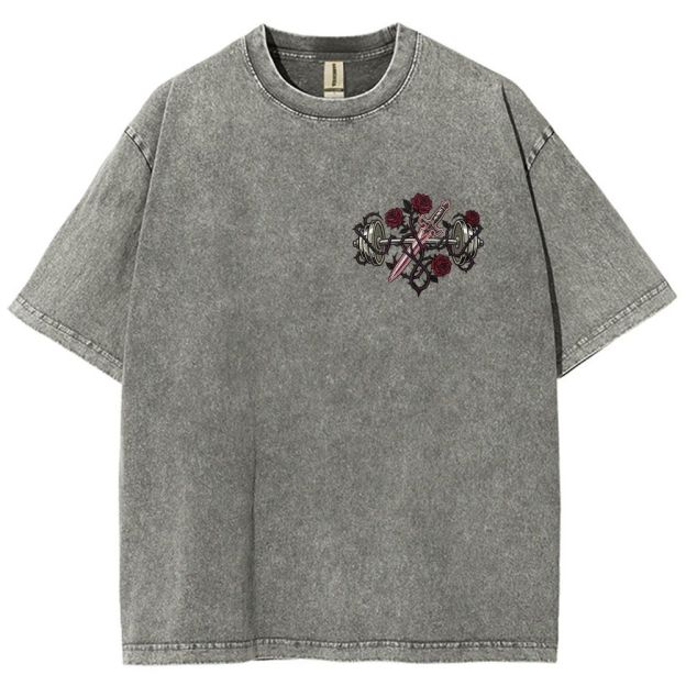 Vintage Washed Back‑Print Barbell Rose Sword Graphic Washed T-Shirt
