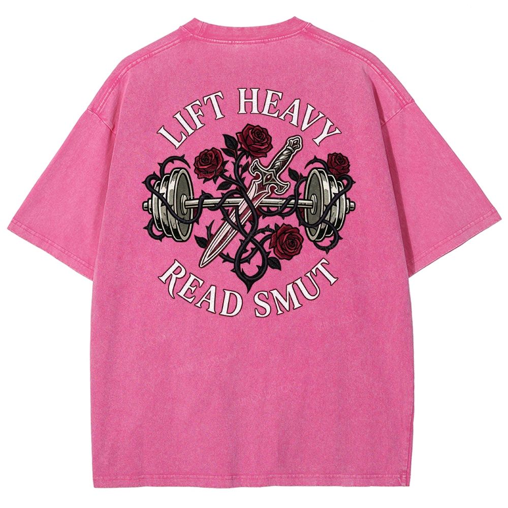 Vintage Washed Back‑Print Barbell Rose Sword Graphic Washed T-Shirt