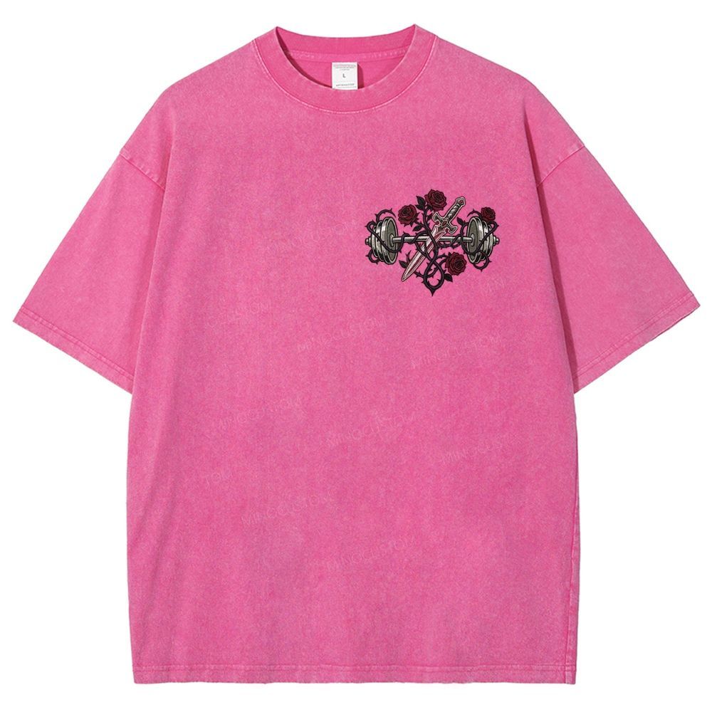 Vintage Washed Back‑Print Barbell Rose Sword Graphic Washed T-Shirt