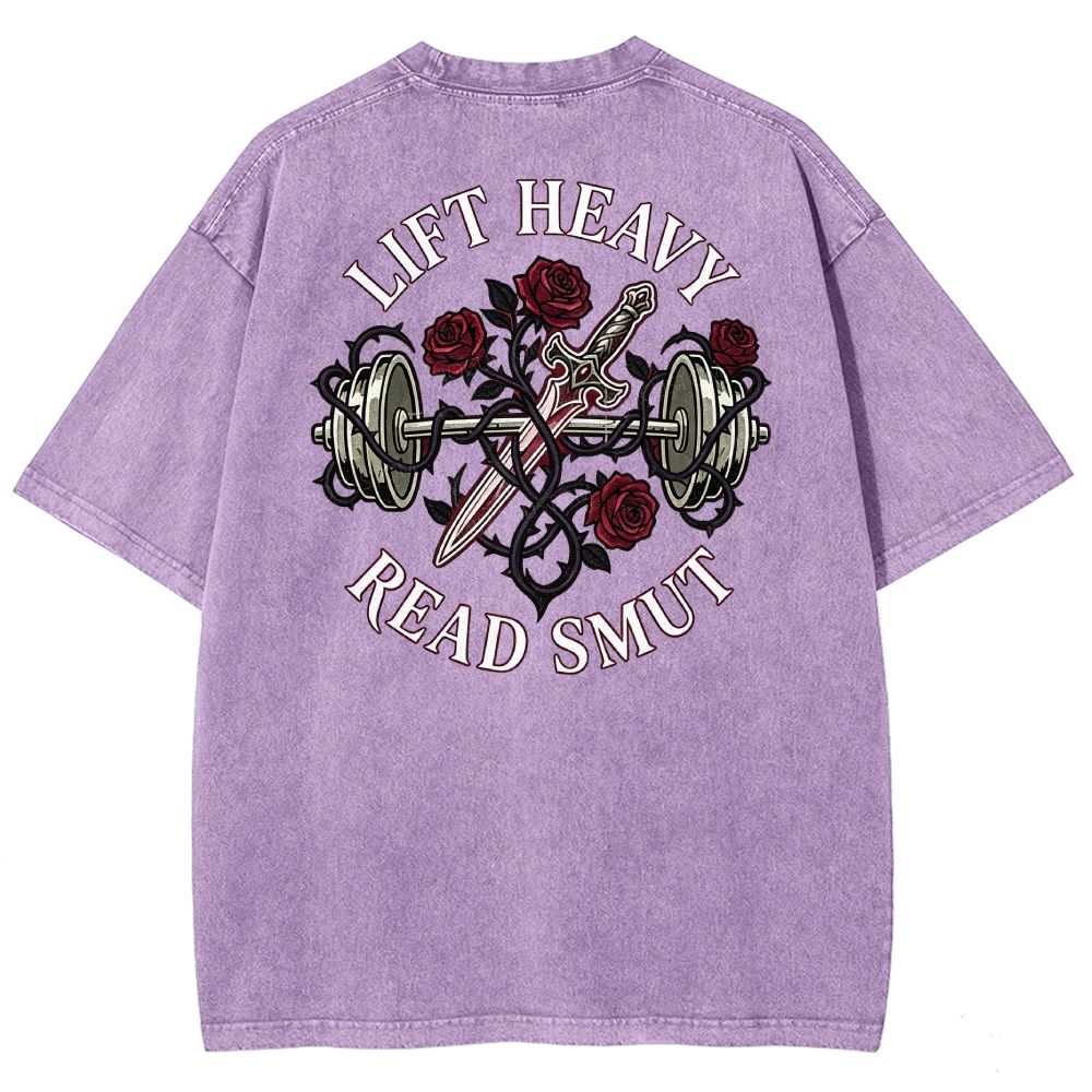 Vintage Washed Back‑Print Barbell Rose Sword Graphic Washed T-Shirt