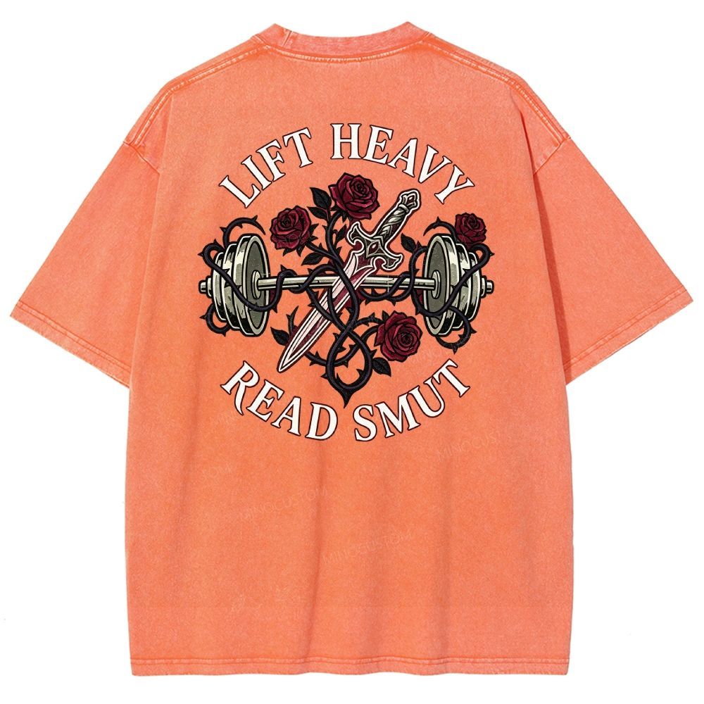 Vintage Washed Back‑Print Barbell Rose Sword Graphic Washed T-Shirt