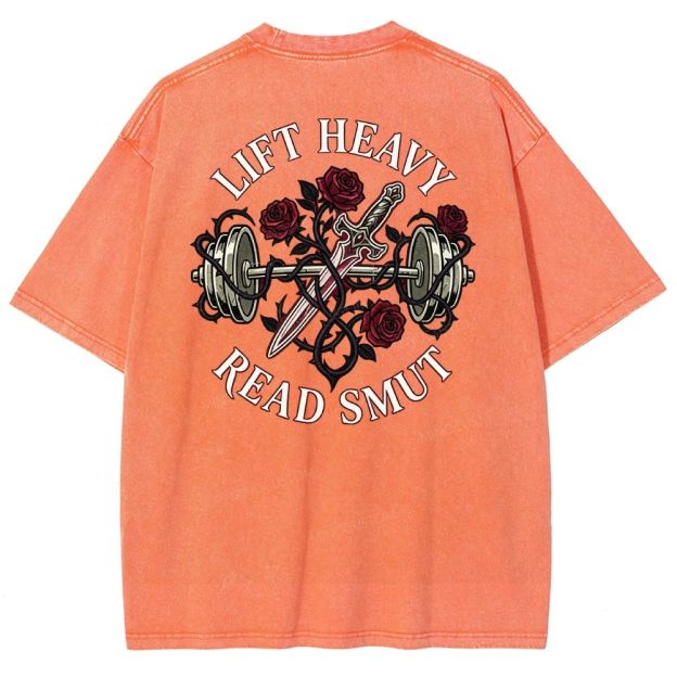 Vintage Washed Back‑Print Barbell Rose Sword Graphic Washed T-Shirt