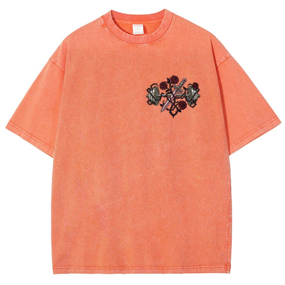 Vintage Washed Back‑Print Barbell Rose Sword Graphic Washed T-Shirt