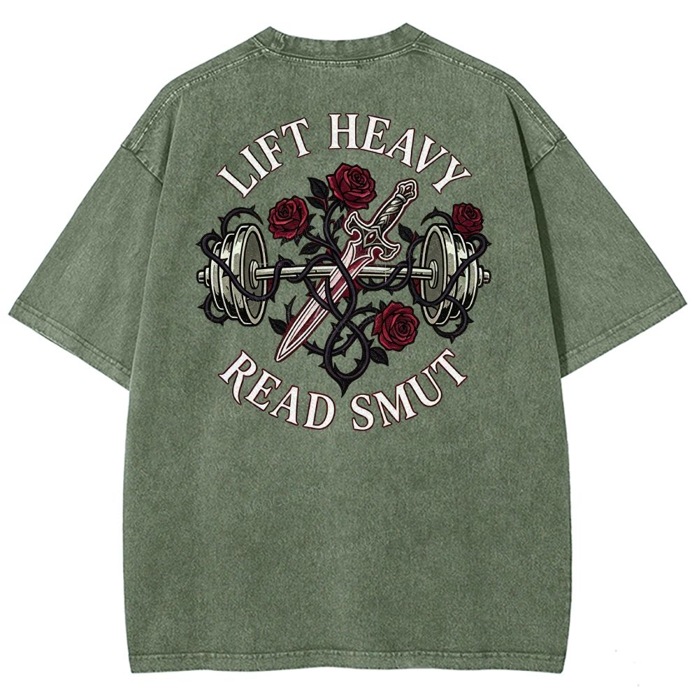 Vintage Washed Back‑Print Barbell Rose Sword Graphic Washed T-Shirt