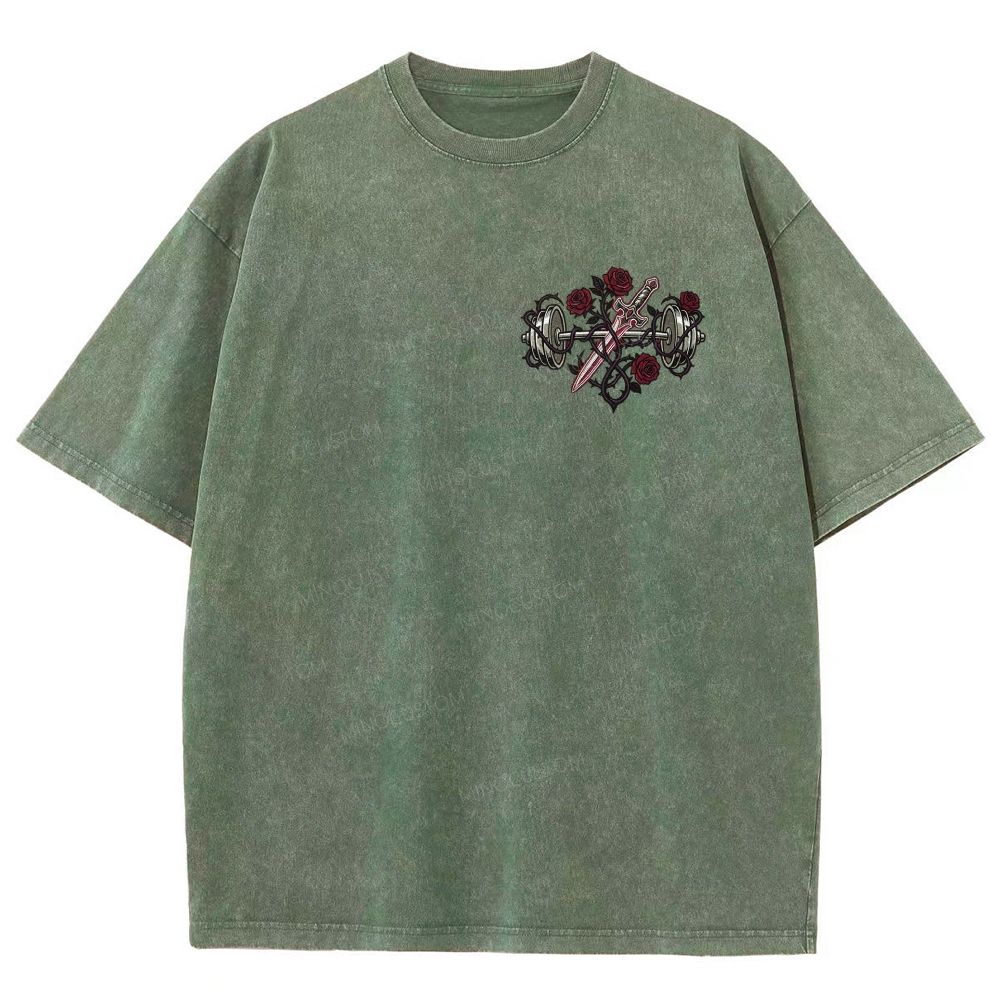 Vintage Washed Back‑Print Barbell Rose Sword Graphic Washed T-Shirt