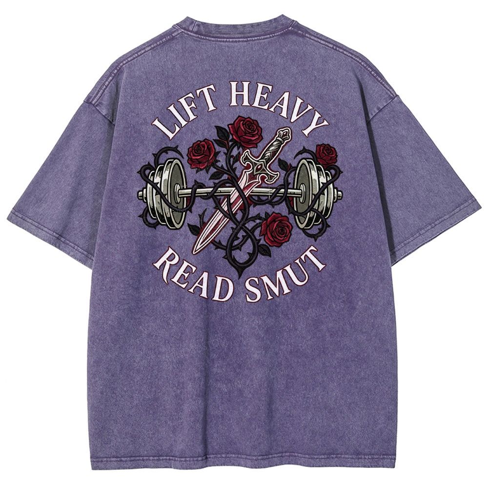 Vintage Washed Back‑Print Barbell Rose Sword Graphic Washed T-Shirt