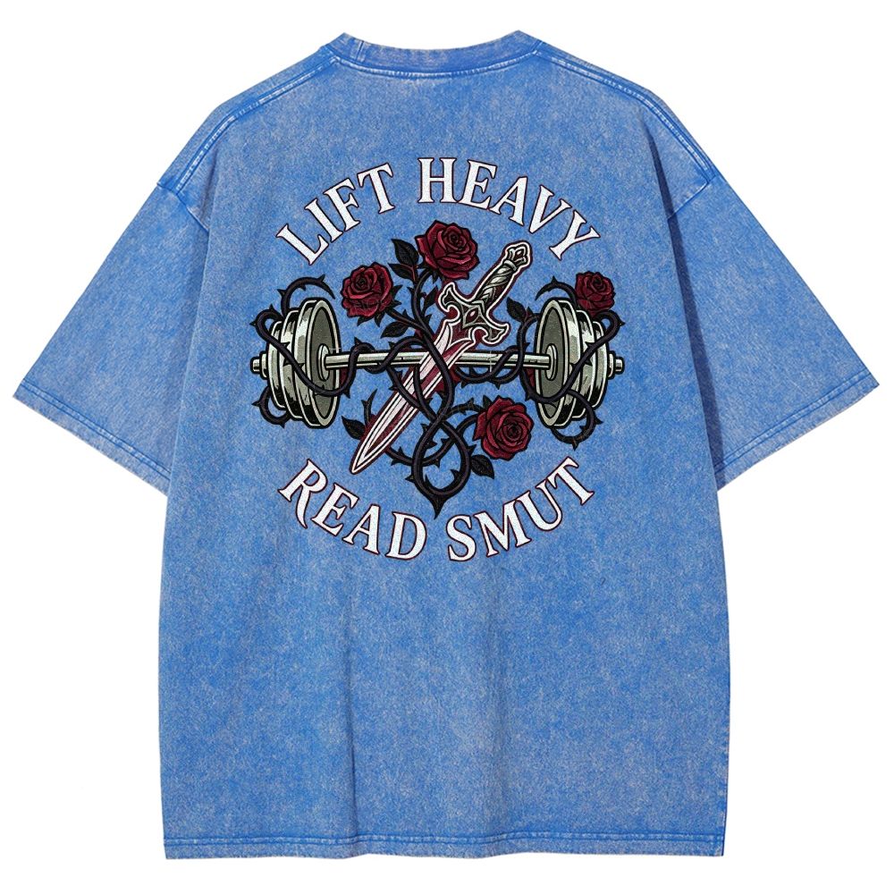 Vintage Washed Back‑Print Barbell Rose Sword Graphic Washed T-Shirt
