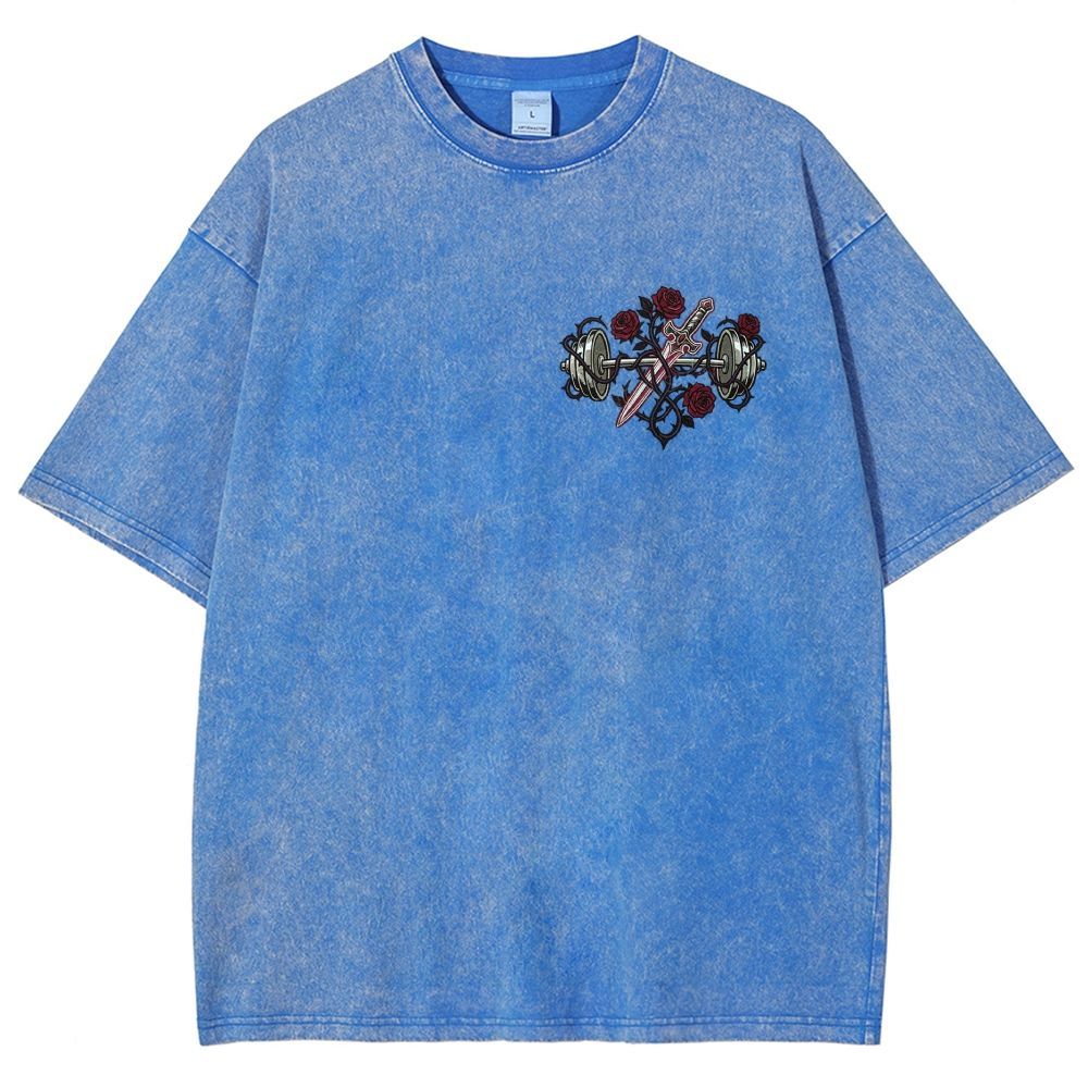 Vintage Washed Back‑Print Barbell Rose Sword Graphic Washed T-Shirt