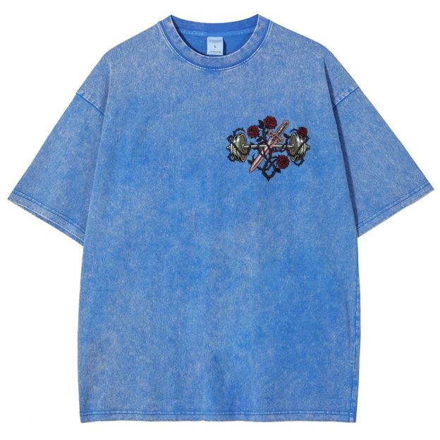 Vintage Washed Back‑Print Barbell Rose Sword Graphic Washed T-Shirt