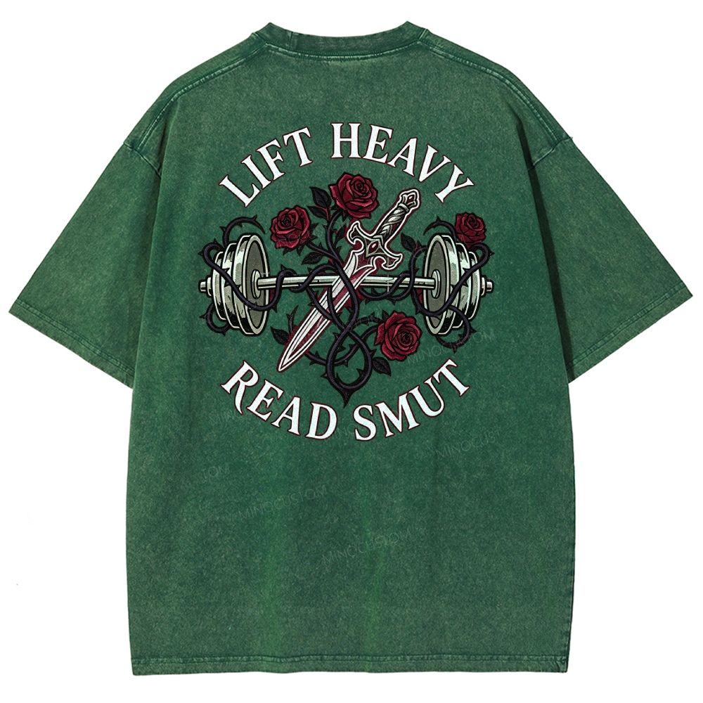 Vintage Washed Back‑Print Barbell Rose Sword Graphic Washed T-Shirt