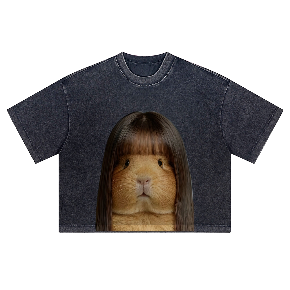 Realistic Guinea Pig With Long Straight Bangs Hair Funny Surreal Graphic Washed Cropped T-Shirt 
