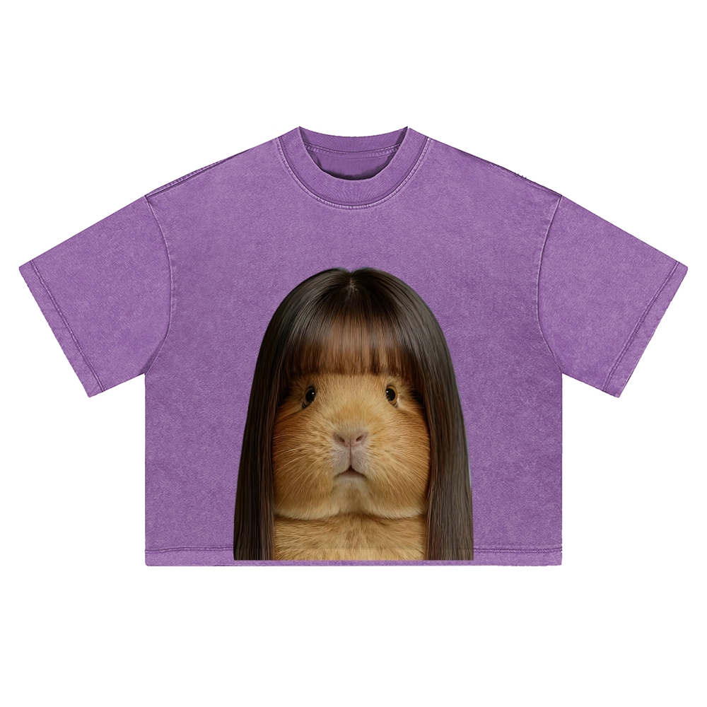 Realistic Guinea Pig With Long Straight Bangs Hair Funny Surreal Graphic Washed Cropped T-Shirt 
