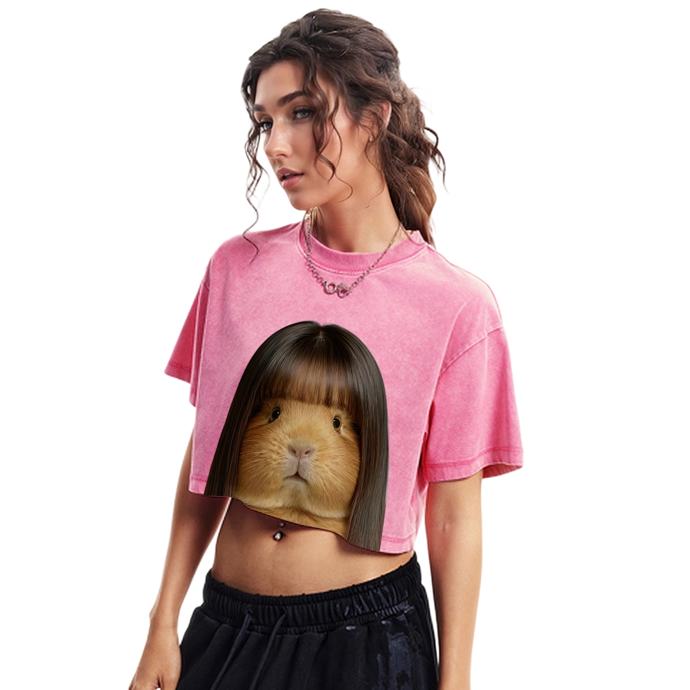 Realistic Guinea Pig With Long Straight Bangs Hair Funny Surreal Graphic Washed Cropped T-Shirt 