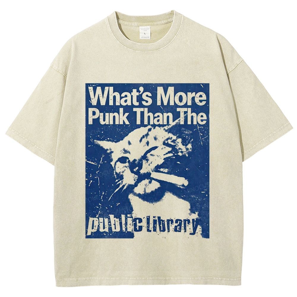 Punk Cat Slogan Public Library Retro Washed T-Shirt
