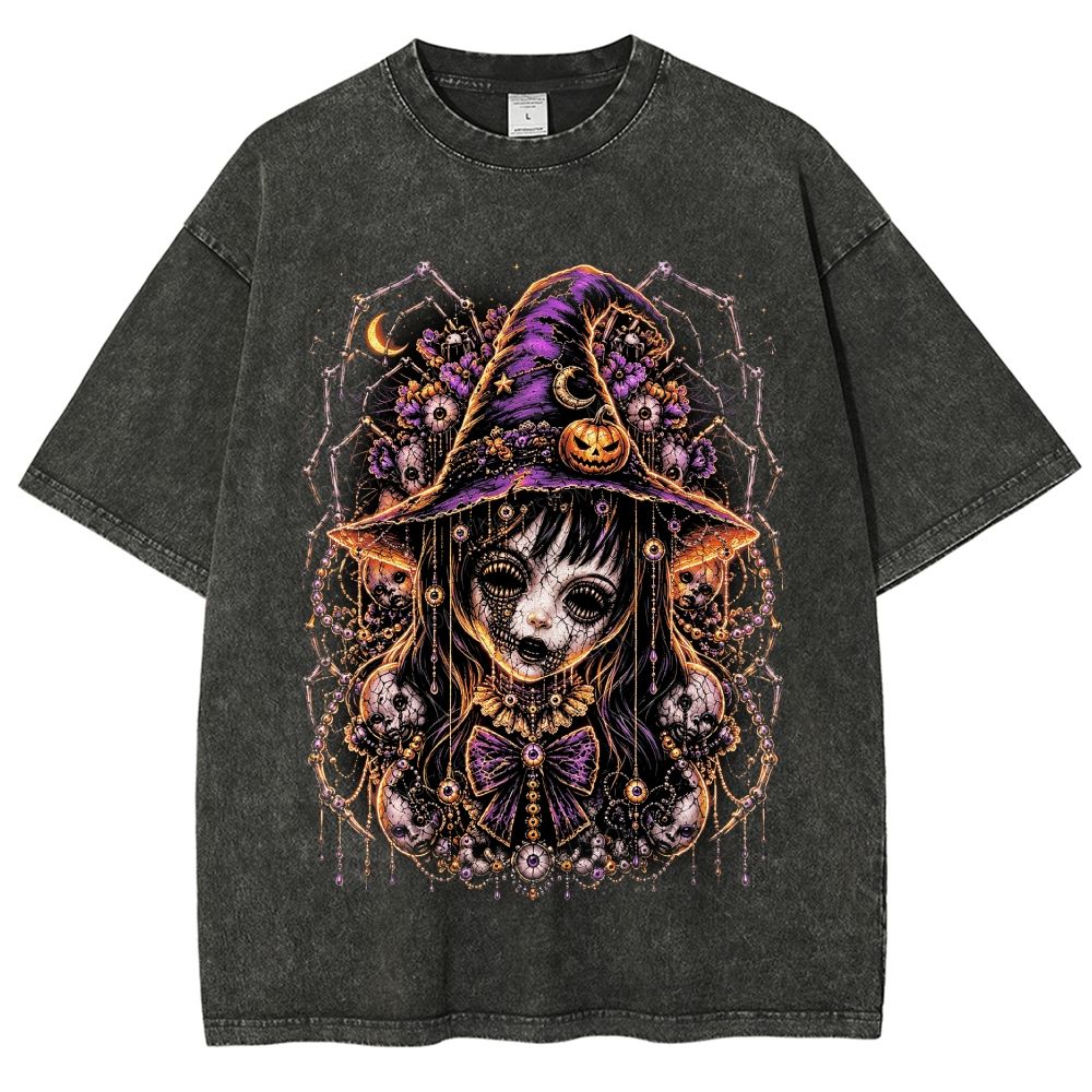 Gothic Witch Doll Halloween Ornate Vintage Washed T-Shirt