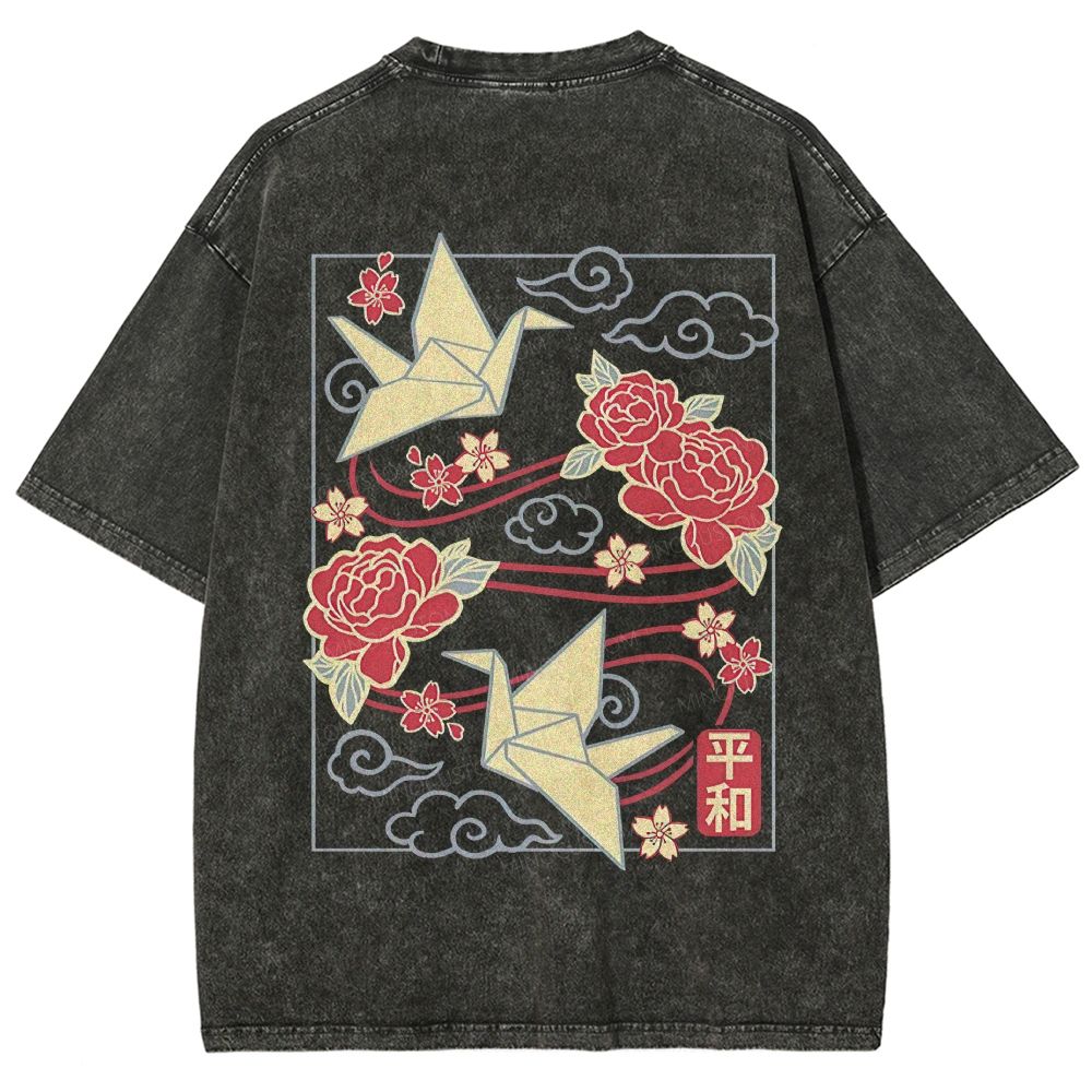 Origami Cranes Peony Cloud Kanji Japanese Unisex Fit Washed T-Shirt