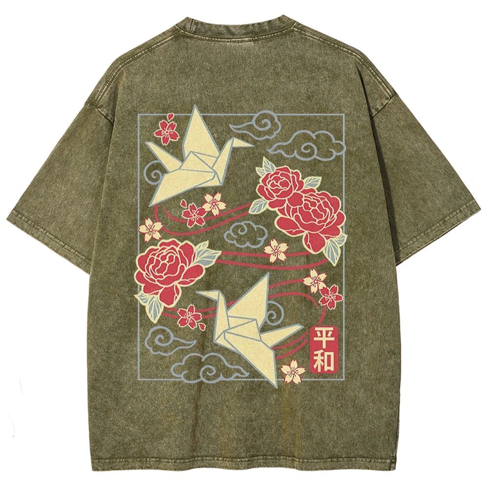 Origami Cranes Peony Cloud Kanji Japanese Unisex Fit Washed T-Shirt
