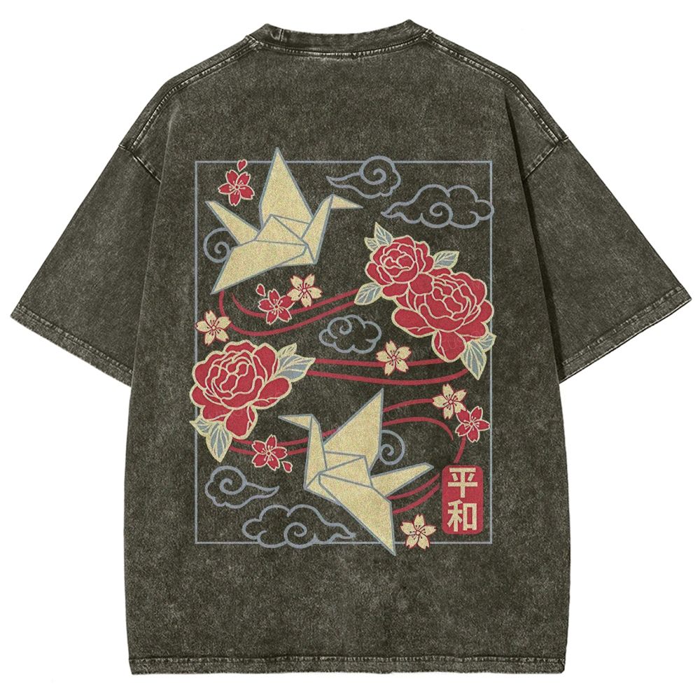 Origami Cranes Peony Cloud Kanji Japanese Unisex Fit Washed T-Shirt