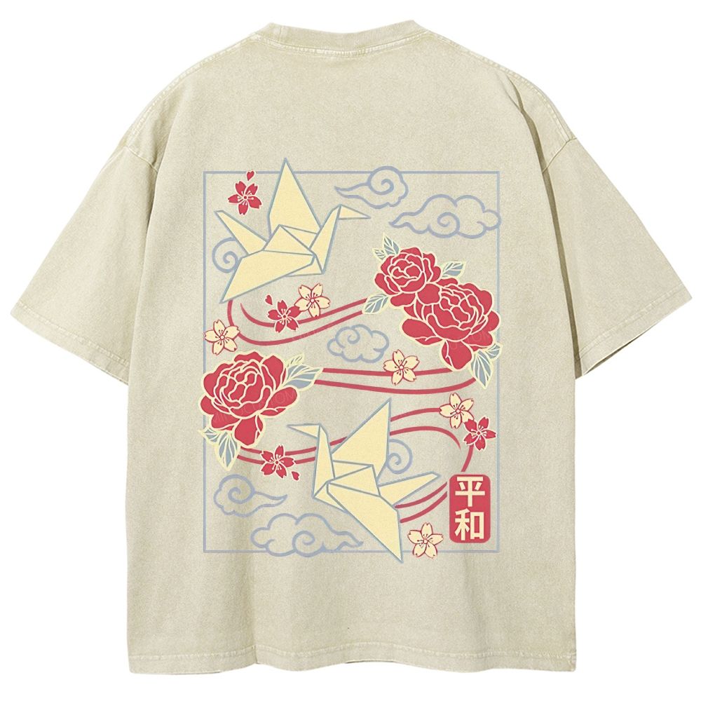Origami Cranes Peony Cloud Kanji Japanese Unisex Fit Washed T-Shirt