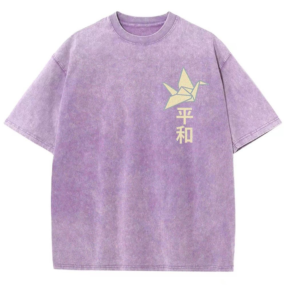 Origami Cranes Peony Cloud Kanji Japanese Unisex Fit Washed T-Shirt
