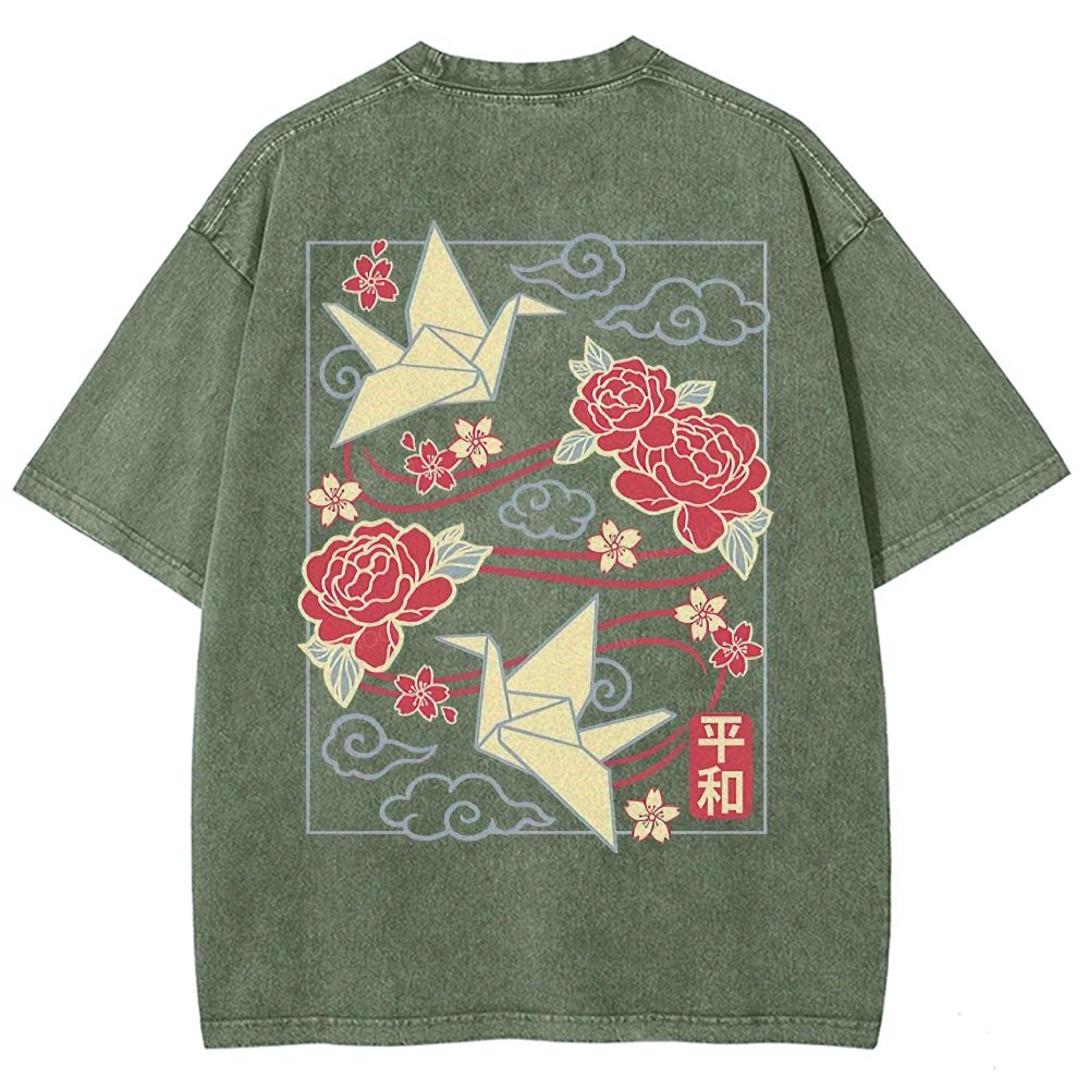 Origami Cranes Peony Cloud Kanji Japanese Unisex Fit Washed T-Shirt