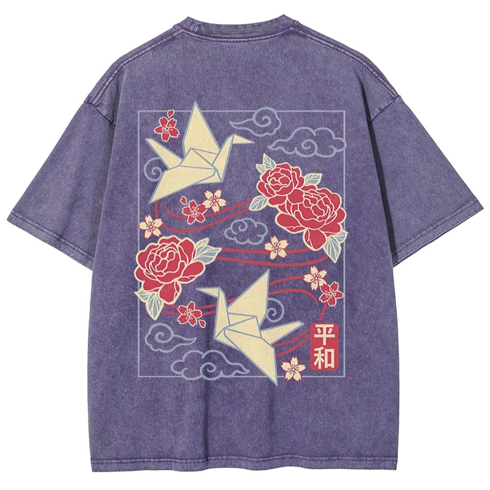 Origami Cranes Peony Cloud Kanji Japanese Unisex Fit Washed T-Shirt
