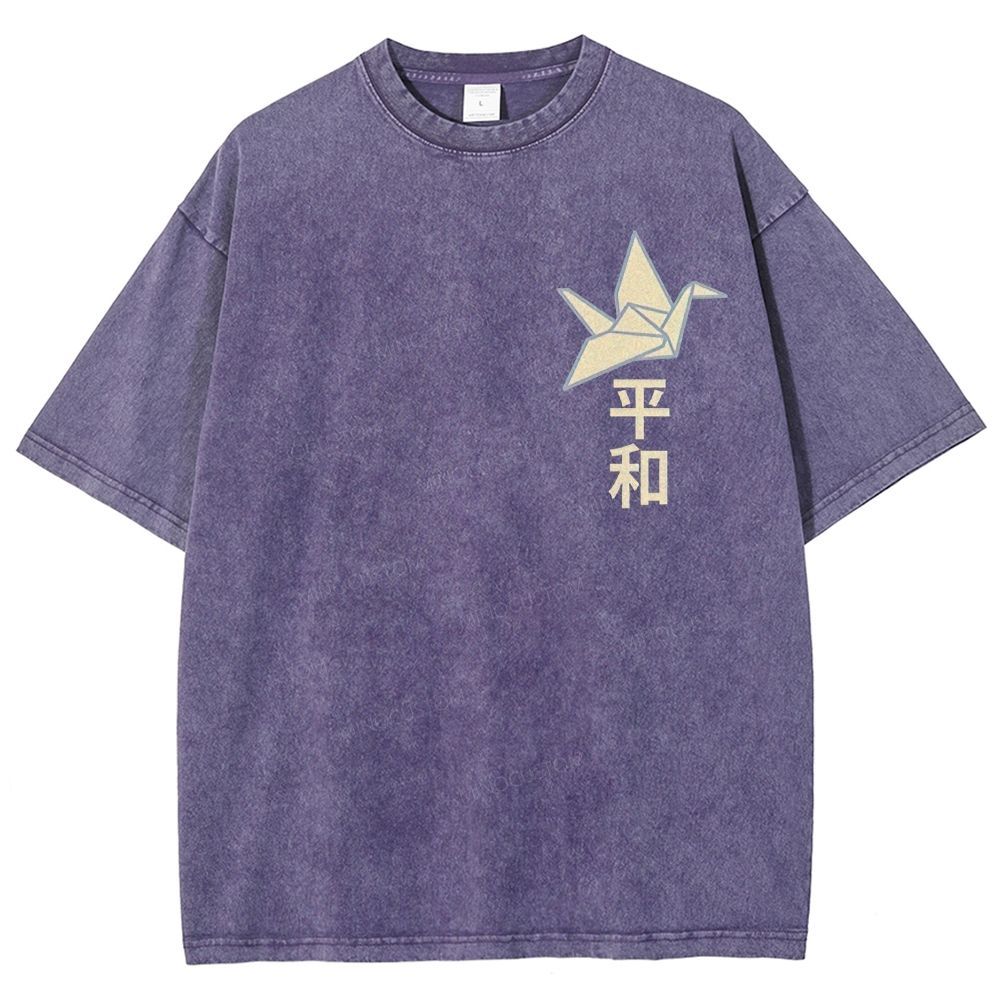 Origami Cranes Peony Cloud Kanji Japanese Unisex Fit Washed T-Shirt