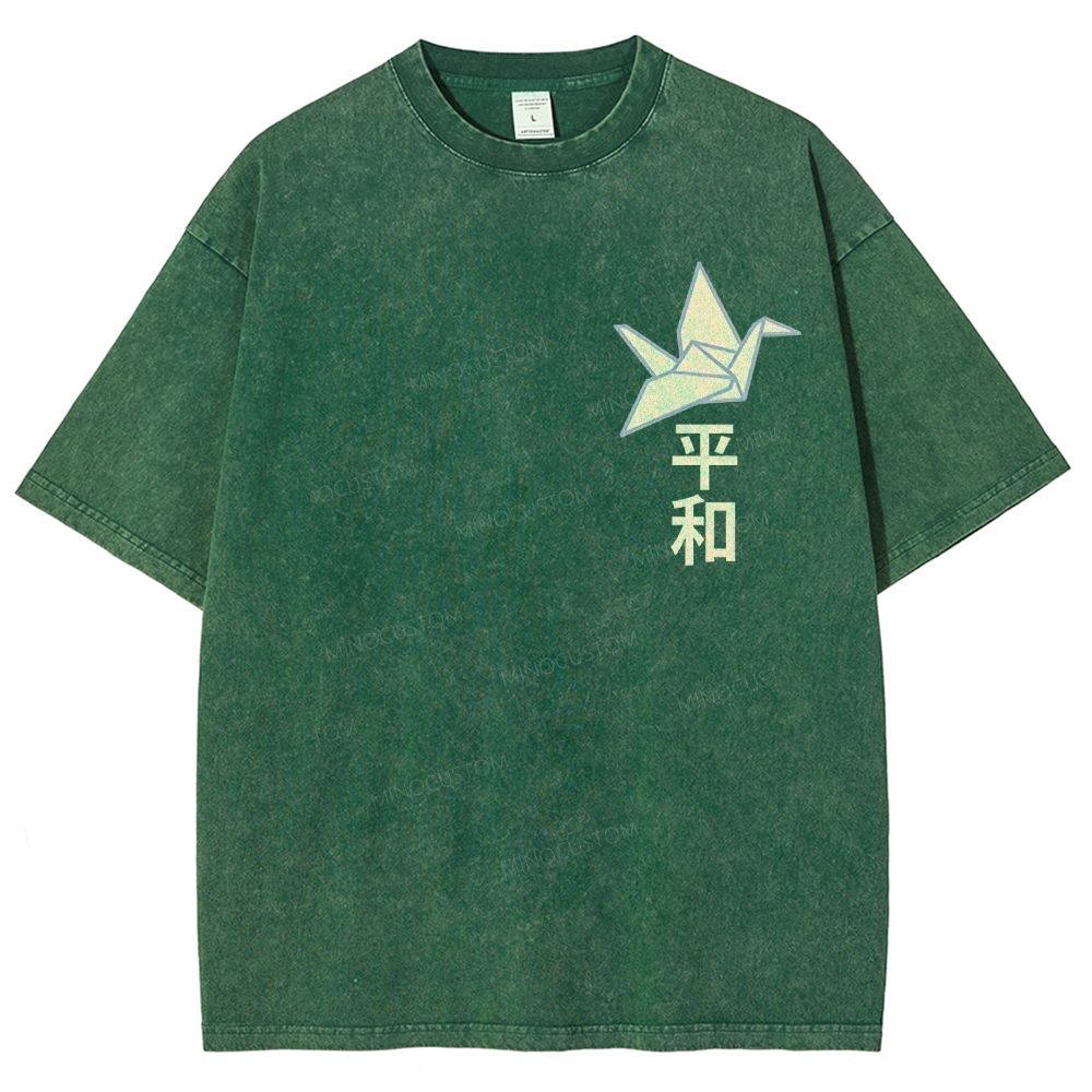 Origami Cranes Peony Cloud Kanji Japanese Unisex Fit Washed T-Shirt