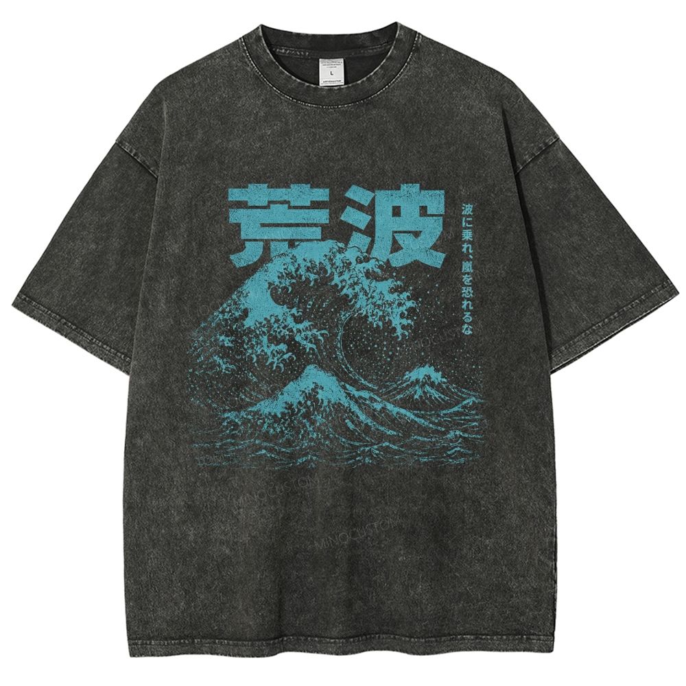 Retro Kanagawa Wave Distressed Washed T-Shirt