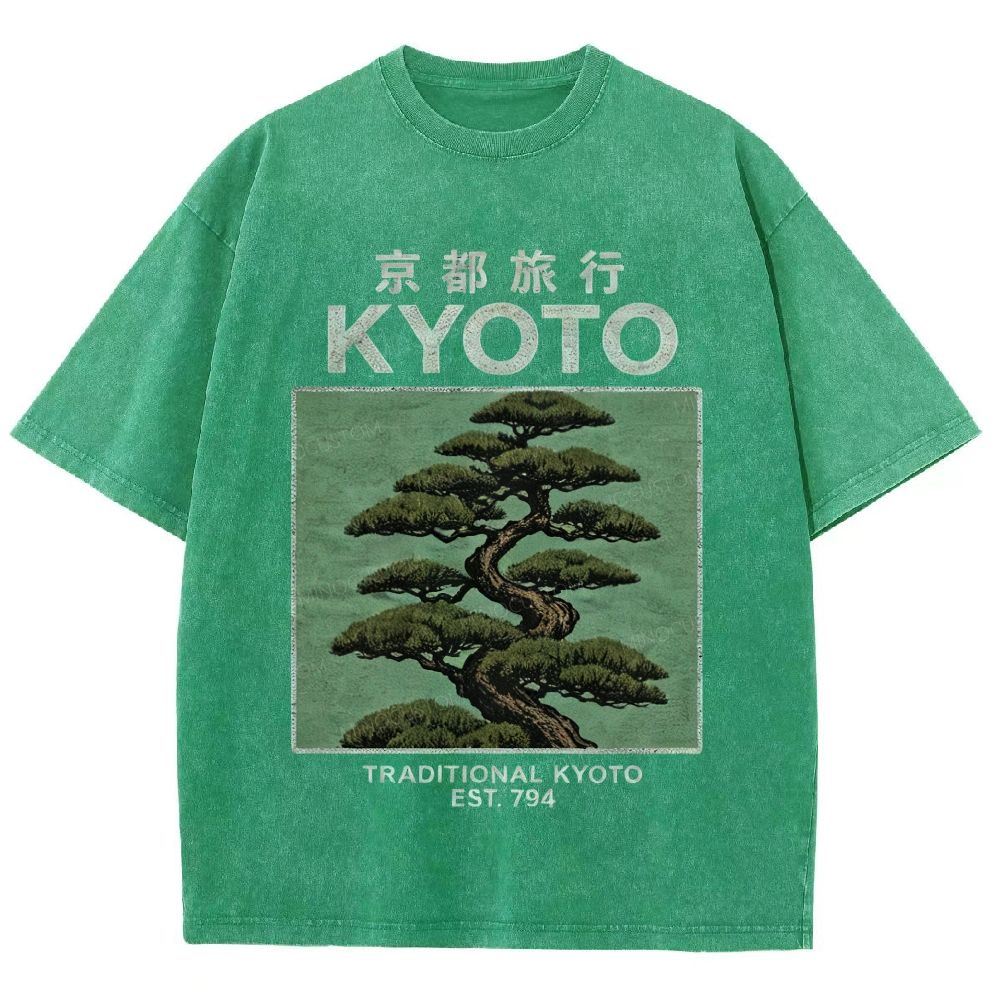 Vintage Black Washed Bonsai Pine Tree Asian Travel Graphic Washed T-Shirt