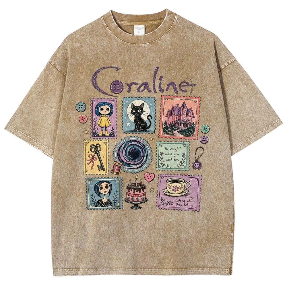 Vintage Cream Washed Spooky Doll Stamp Collage Graphic Washed T-Shirt