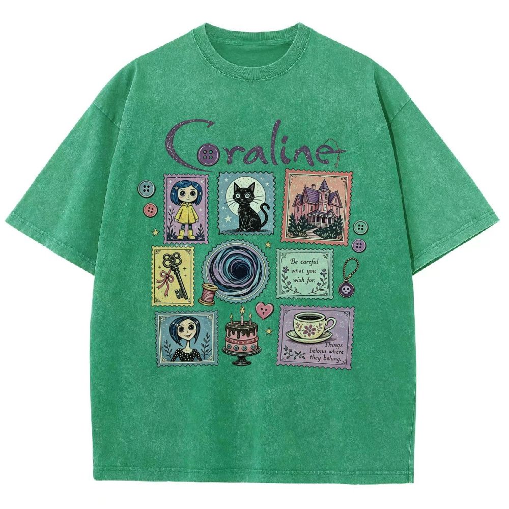 Vintage Cream Washed Spooky Doll Stamp Collage Graphic Washed T-Shirt