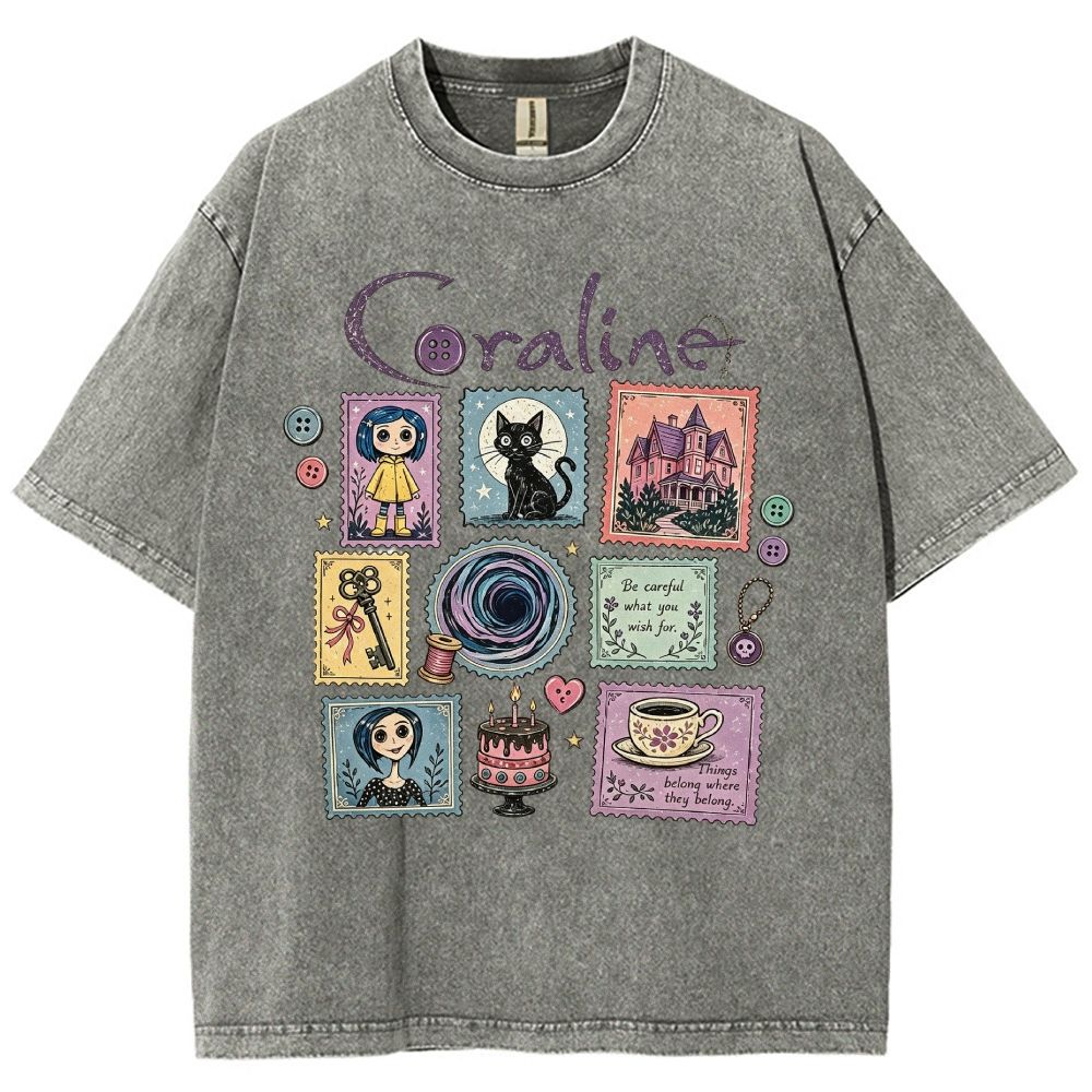 Vintage Cream Washed Spooky Doll Stamp Collage Graphic Washed T-Shirt