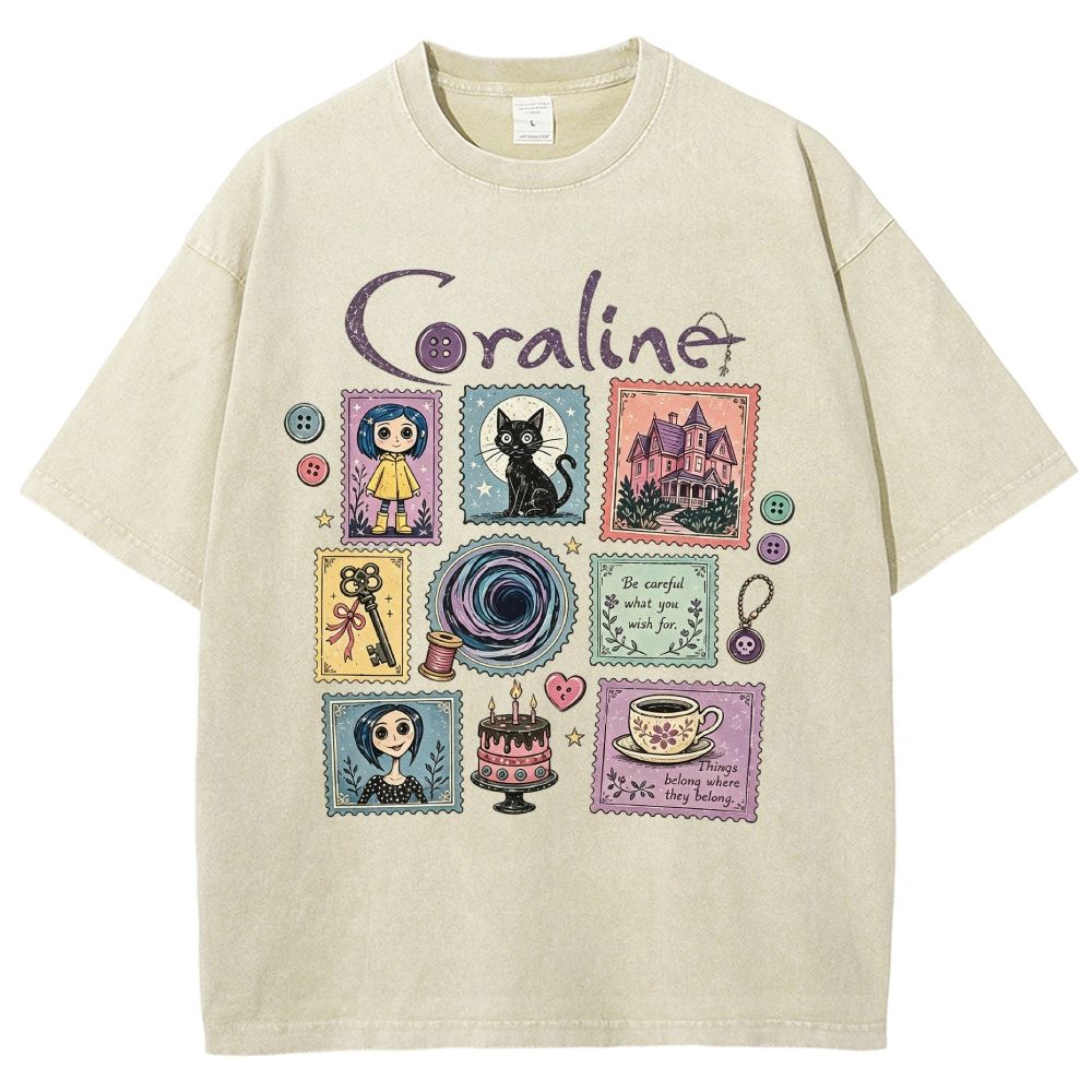 Vintage Cream Washed Spooky Doll Stamp Collage Graphic Washed T-Shirt