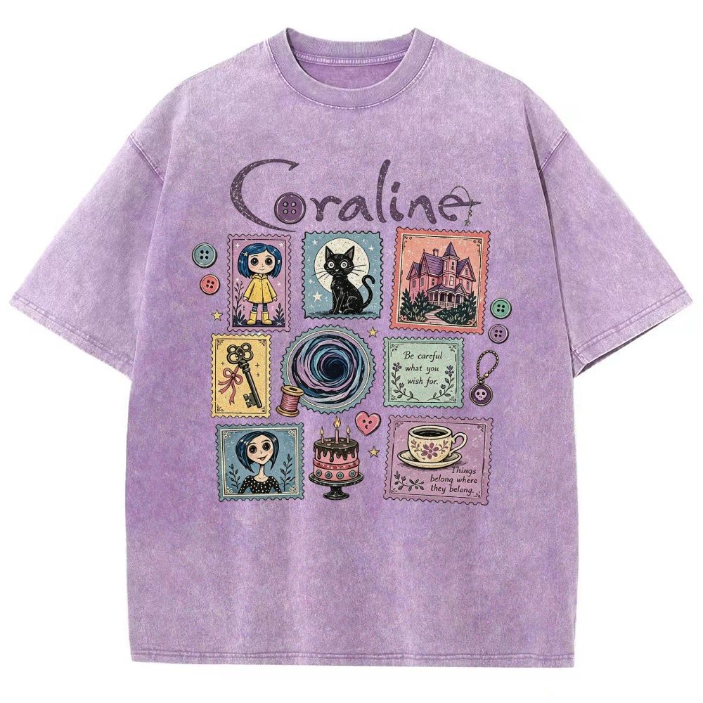 Vintage Cream Washed Spooky Doll Stamp Collage Graphic Washed T-Shirt