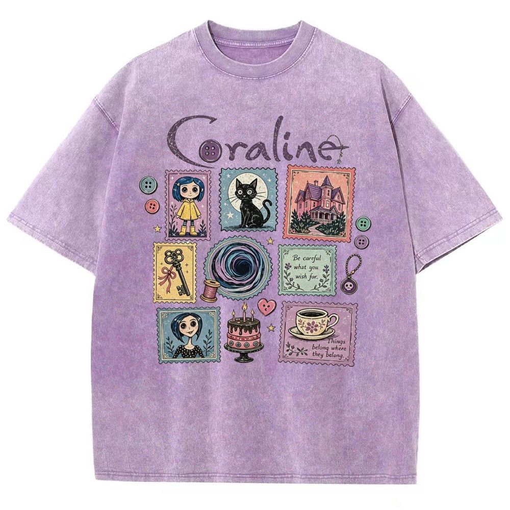 Vintage Cream Washed Spooky Doll Stamp Collage Graphic Washed T-Shirt
