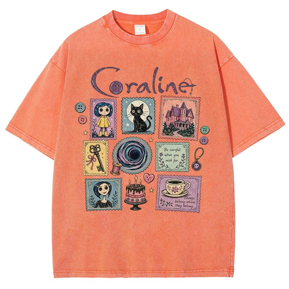 Vintage Cream Washed Spooky Doll Stamp Collage Graphic Washed T-Shirt