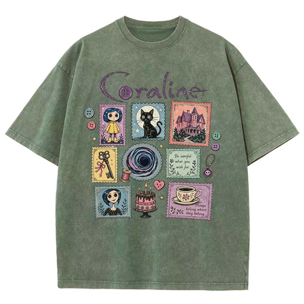Vintage Cream Washed Spooky Doll Stamp Collage Graphic Washed T-Shirt