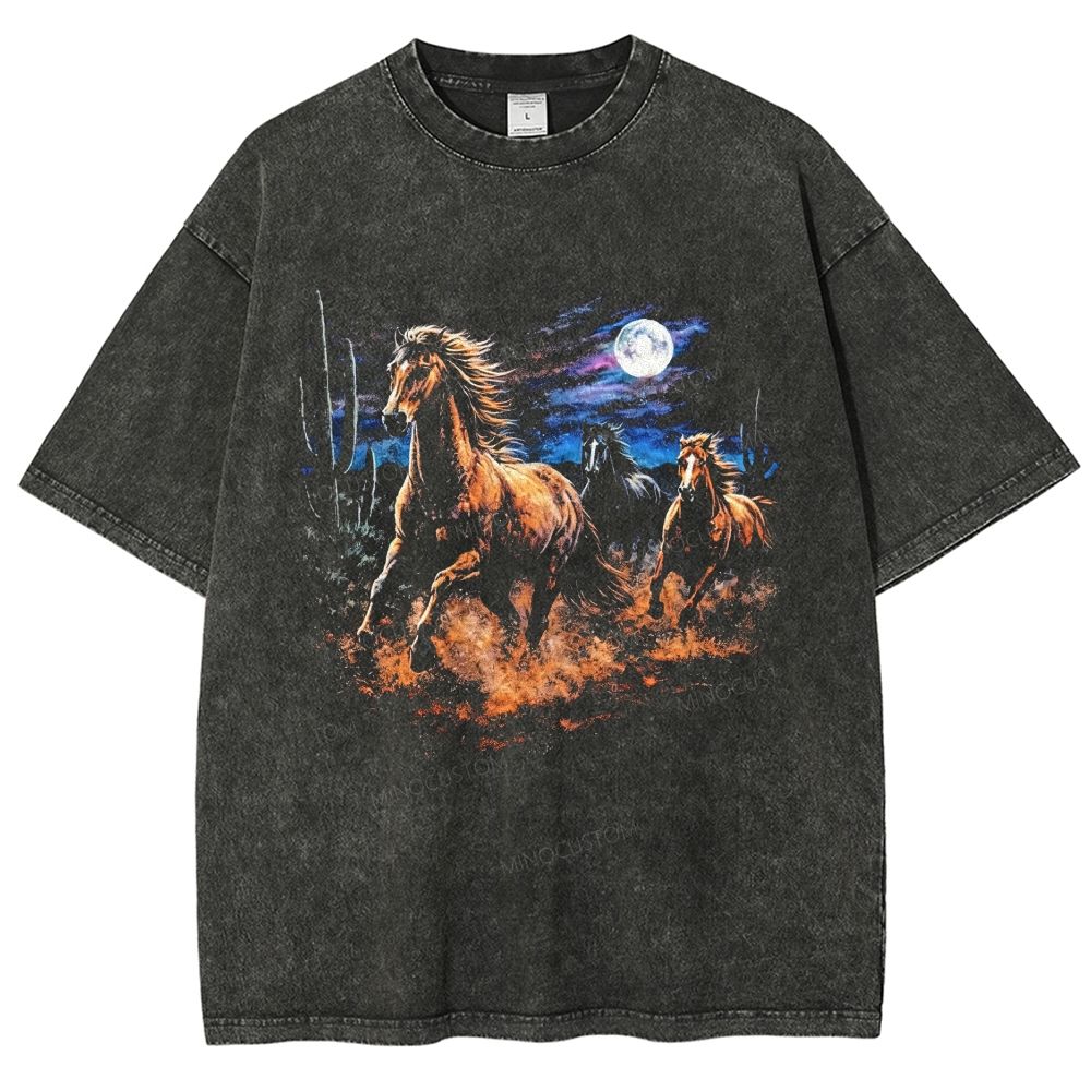 Vintage Black Washed Wild Running Horses Night Desert Graphic Washed T-Shirt