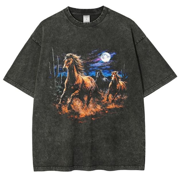 Vintage Black Washed Wild Running Horses Night Desert Graphic Washed T-Shirt