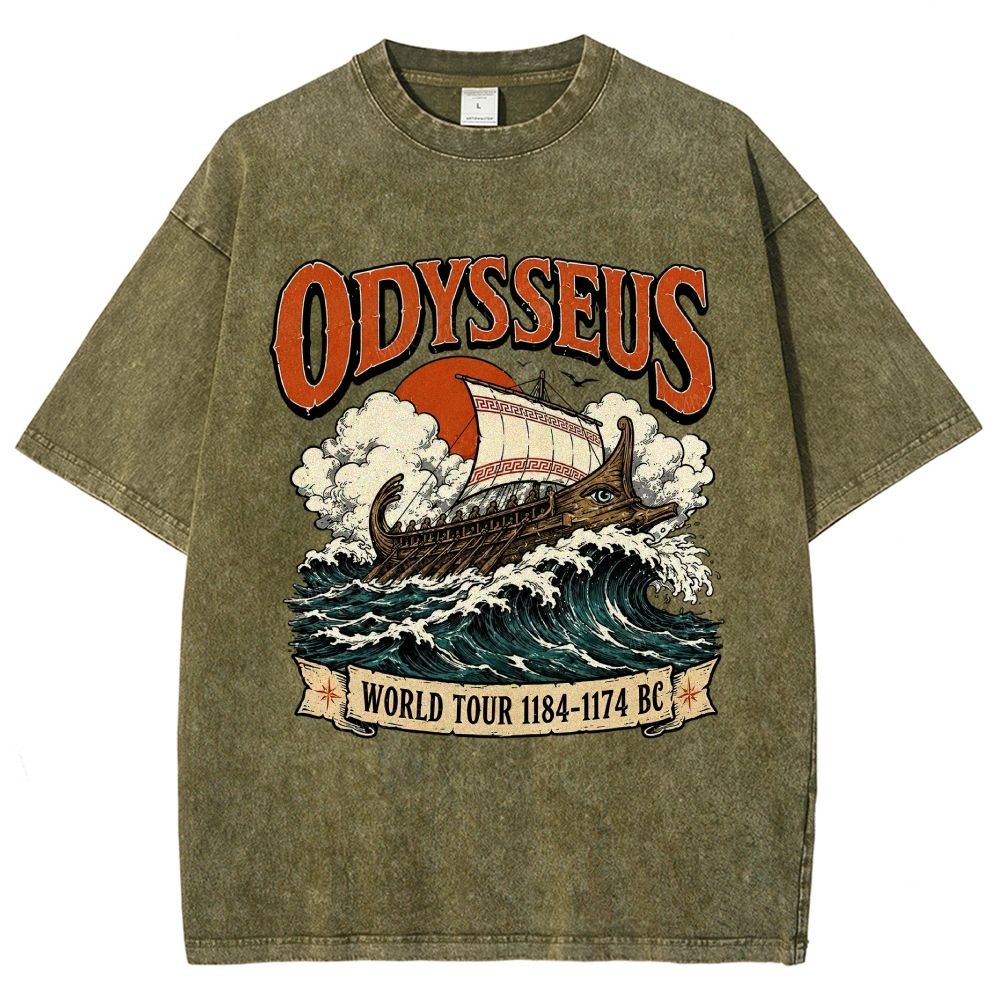 Vintage Washed Ancient Greek War Ship Graphic Washed T-Shirt